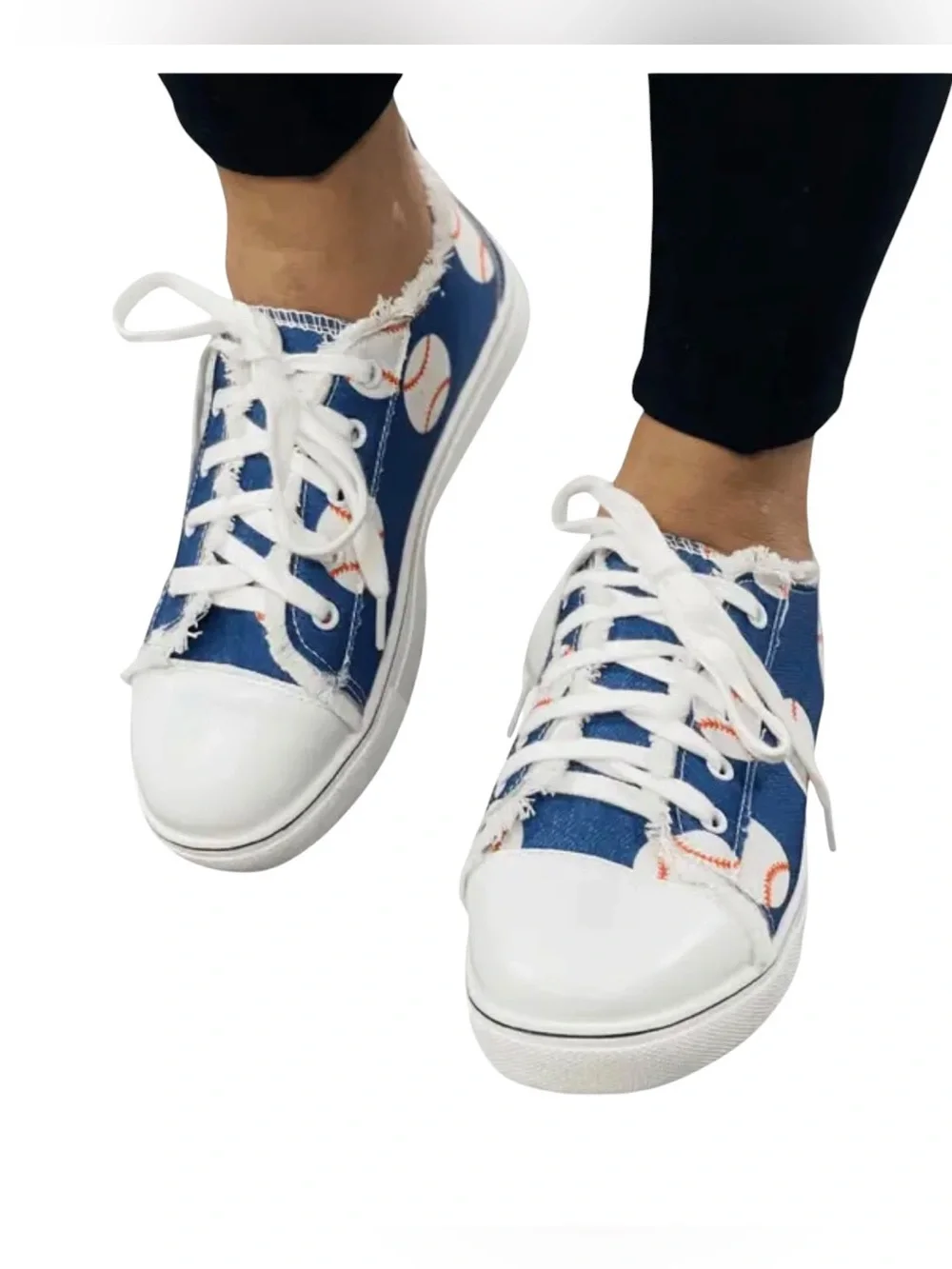 Women’s Canvas Denim Baseball Print Lace Up Sneakers Size 9.5 Blue White NWOT